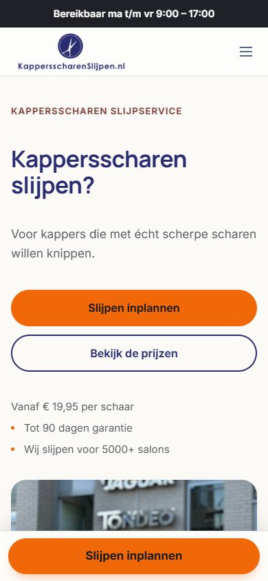 Homepage van kappersscharenslijpen.nl op mobiel